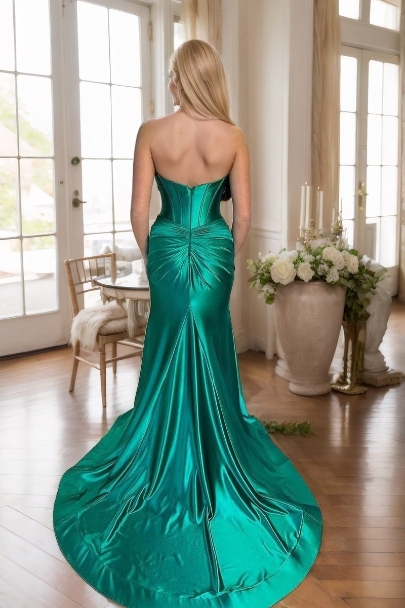 Sheath/Column Elastic Woven Satin Ruched Off-the-Shoulder Straps Sleeveless Sweep/Brush Train Prom Dresses