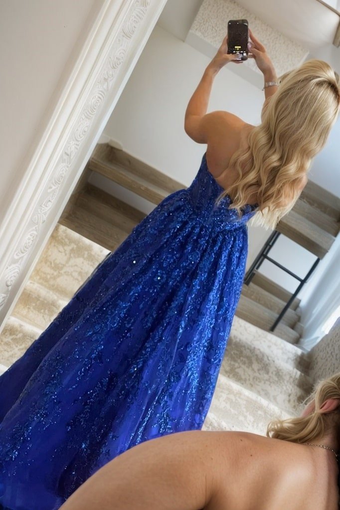 A-line Bateau Strapless Long/Floor-Length Lace Prom Dresses With Pockets Special Occasion Dresses