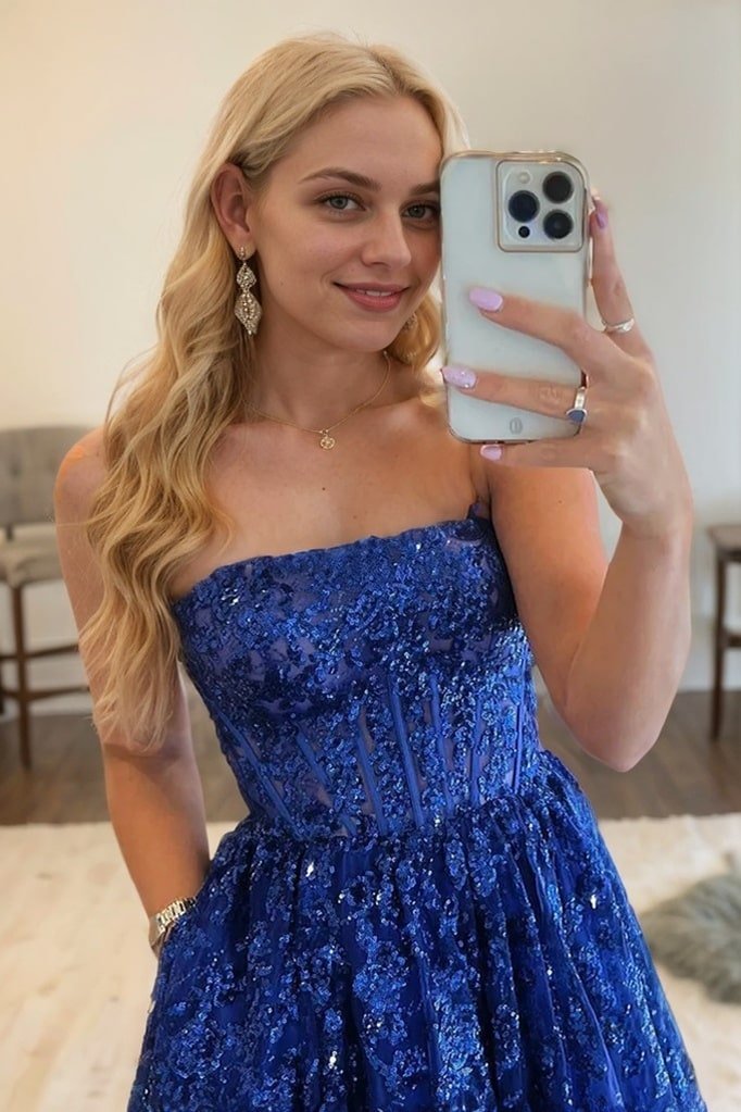 A-line Bateau Strapless Long/Floor-Length Lace Prom Dresses With Pockets Special Occasion Dresses