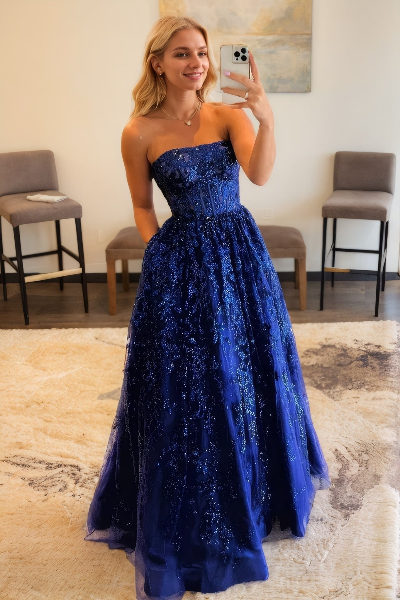 A-line Bateau Strapless Long/Floor-Length Lace Prom Dresses With Pockets Special Occasion Dresses