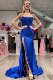 Sheath/Column Elastic Woven Satin Ruched Off-the-Shoulder Sleeveless Sweep/Brush Train Prom Dresses