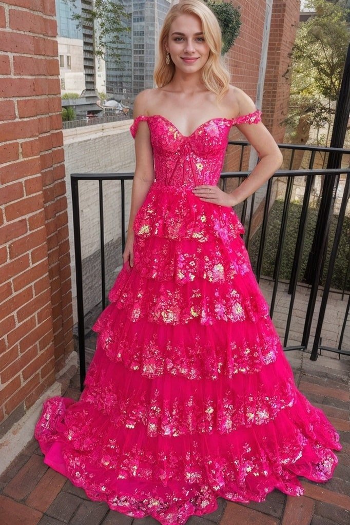 A-Line/Princess Princess Off the Shoulder Sequined Lace Prom Dress