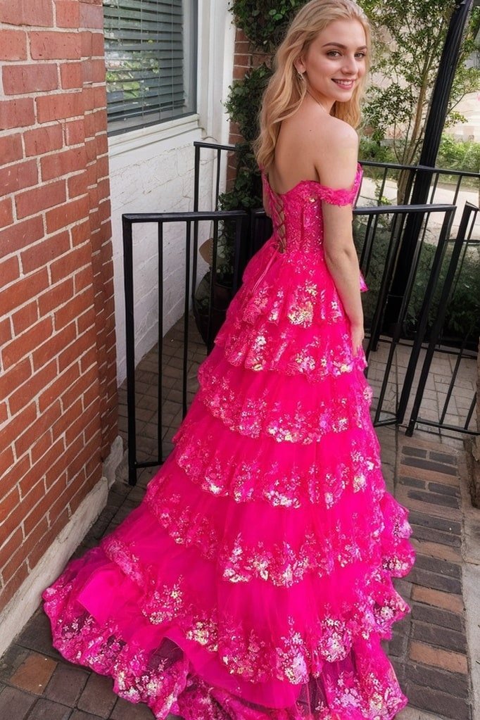 A-Line/Princess Princess Off the Shoulder Sequined Lace Prom Dress