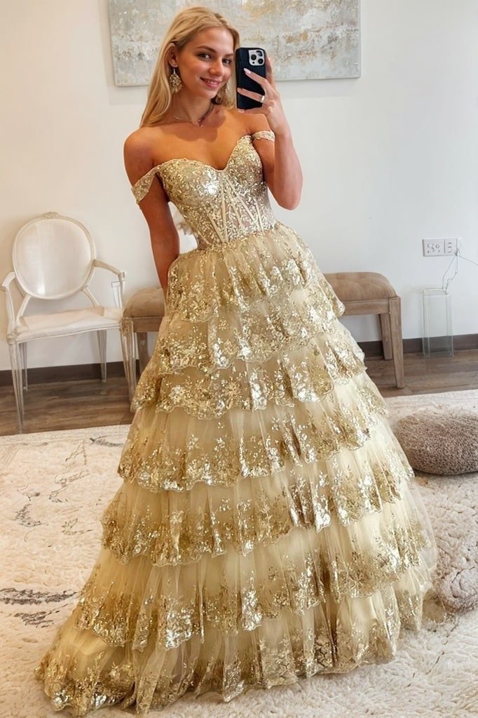 A-Line/Princess Princess Off the Shoulder Sequined Lace Prom Dress
