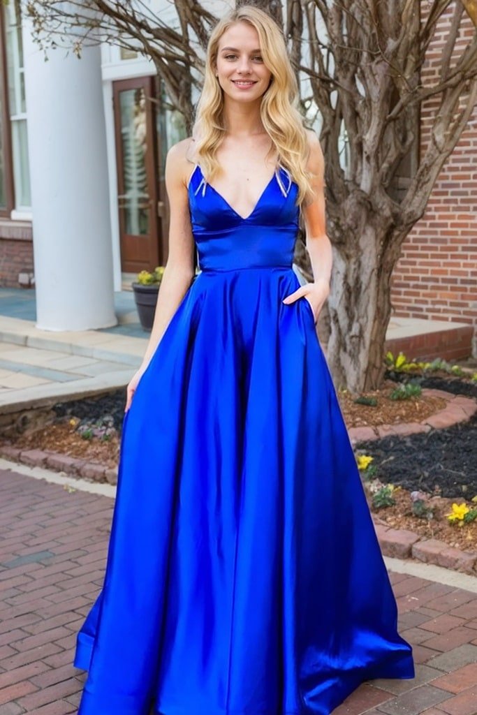 A-line V Neck Spaghetti Straps Sweep Train Charmeuse Prom Dresses With Pockets