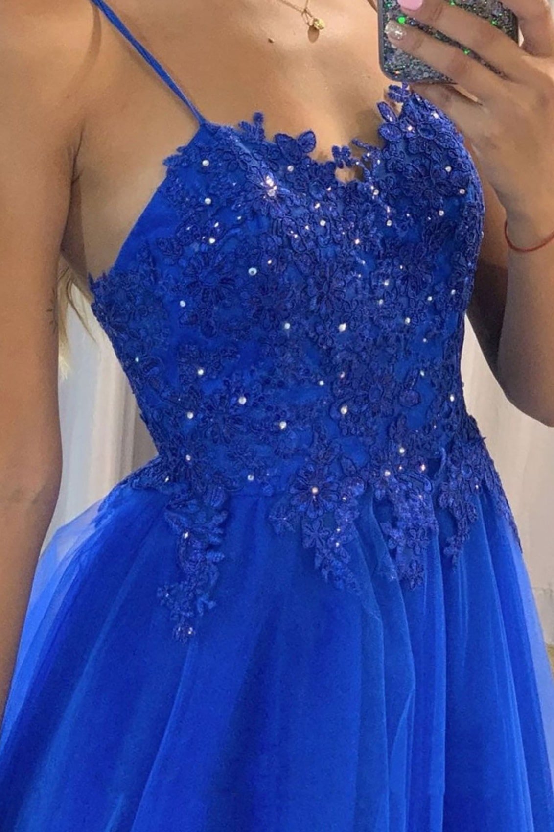 A-line Sweetheart Sleeveless Sweep Train Tulle Glitter Prom Dresses With Appliqued
