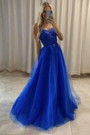 A-line Sweetheart Sleeveless Sweep Train Tulle Glitter Prom Dresses With Appliqued