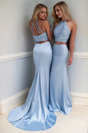 Sheath Halter Sleeveless Sweep/Brush Train With Beading Elastic Woven Satin Two Piece Prom Dresses