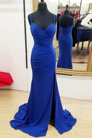 Sheath/Column Sweetheart Sleeveless Sweep Train Jersey Prom Dresses With Split Pleated