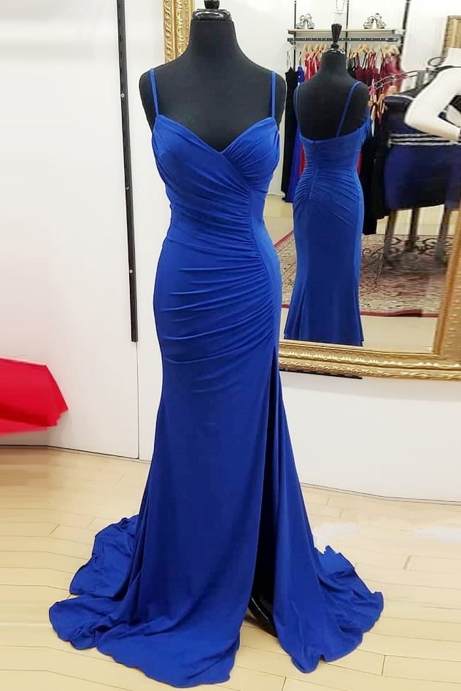 Sheath/Column Sweetheart Sleeveless Sweep Train Jersey Prom Dresses With Split Pleated