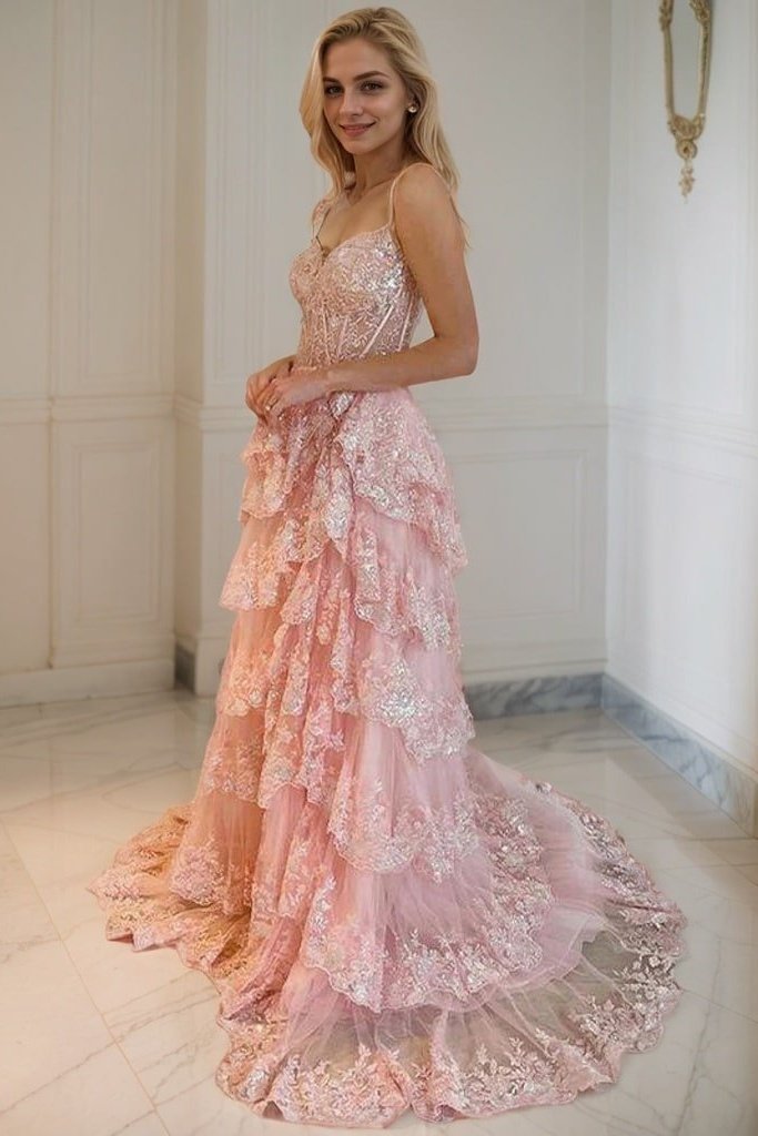 A-Line/Princess Tulle Lace Straps Sleeveless Court Train Prom Dresses