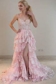 A-Line/Princess Tulle Lace Straps Sleeveless Court Train Prom Dresses