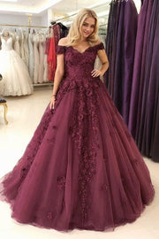 Ball Gown Sleeveless Off-the-Shoulder Sweep/Brush Train Applique Tulle Prom Dresses