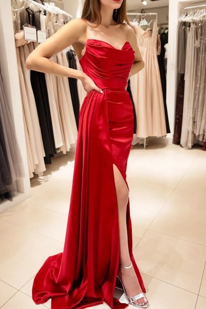 A-line Cowl Neck Spaghetti Straps Sweep Train Charmeuse Prom Dresses With Split Pockets Pleated