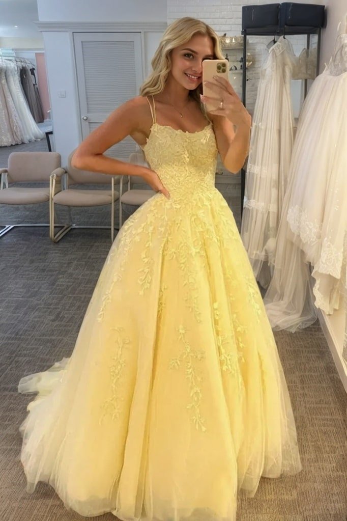 A-Line/Princess Tulle Applique Spaghetti Straps Sleeveless Floor-Length Prom Dresses