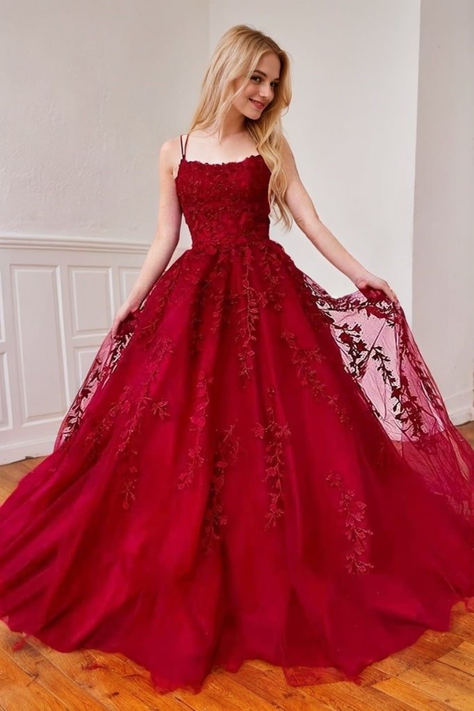 A-Line/Princess Tulle Applique Spaghetti Straps Sleeveless Floor-Length Prom Dresses-374