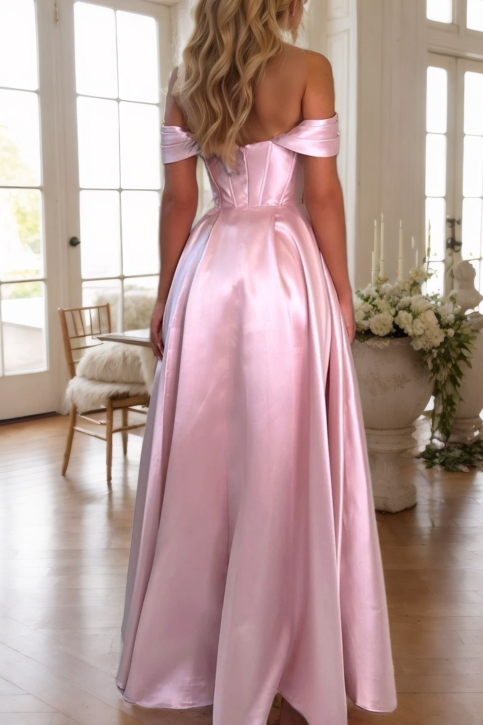 A-Line Satin Long Prom Dress, Simple Off the Shoulder Evening Party Dress
