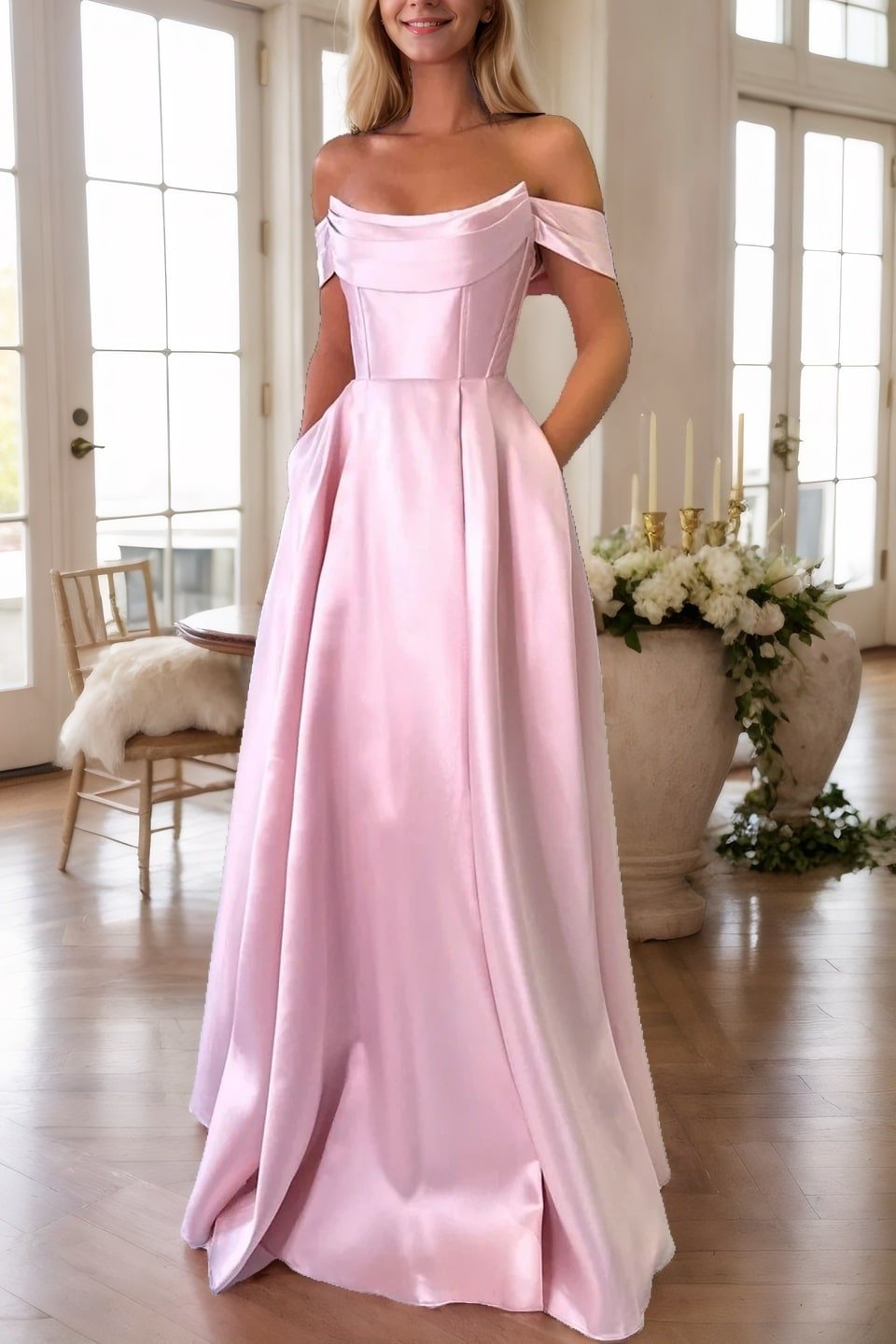 A-Line Satin Long Prom Dress, Simple Off the Shoulder Evening Party Dress