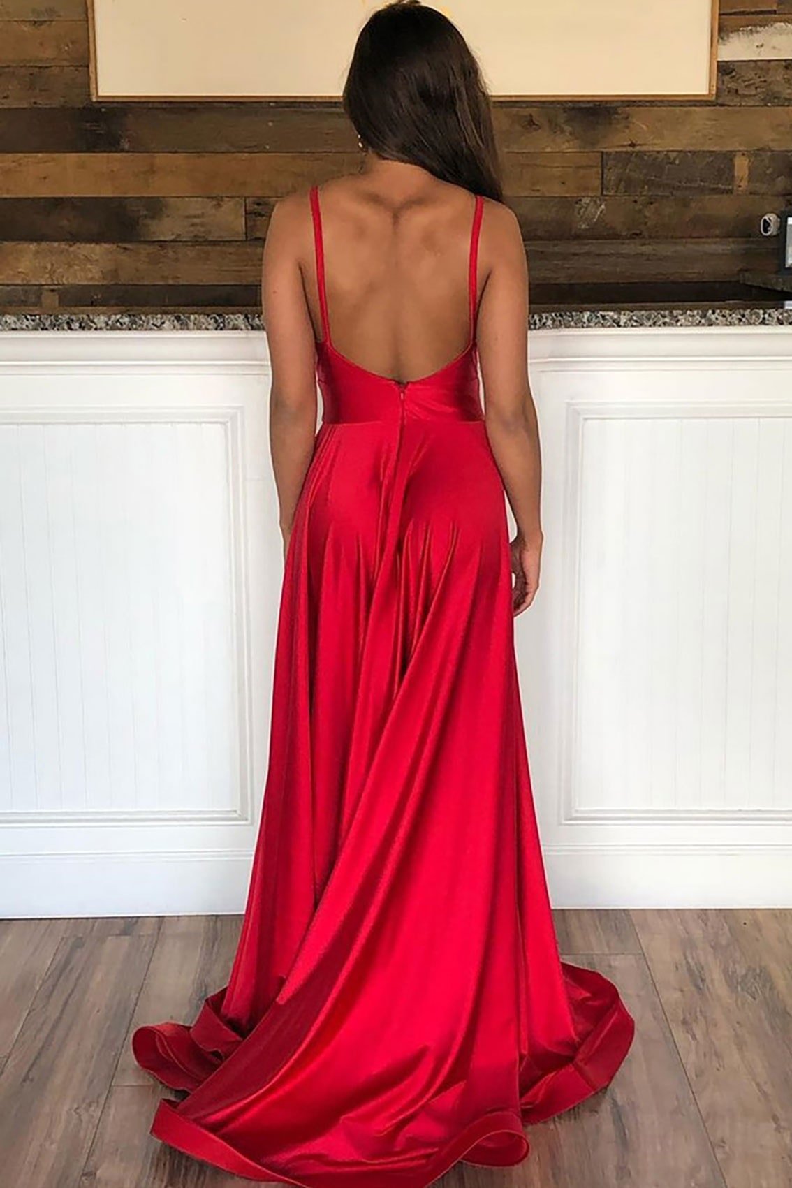 A-line Sleeveless Court Train Satin Prom Dresses With Pleated Split