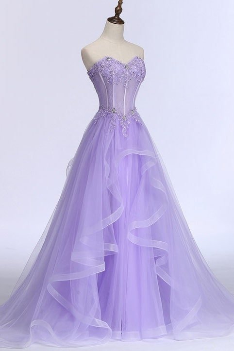 A-line/Princess Sweetheart Sleeveless Sweep Train Tulle Prom Dresses With Beading Appliqued