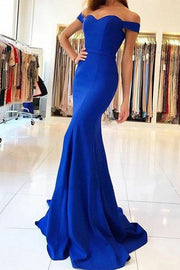 Elastic Satin Prom Dresses Trumpet/Mermaid Off-The-Shoulder Sweep Train With Pleated