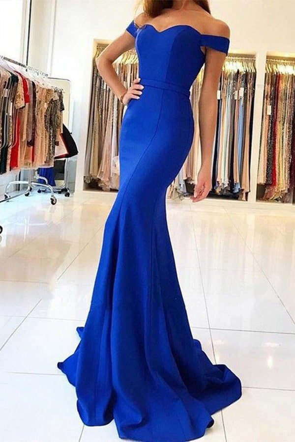 Elastic Satin Prom Dresses Trumpet/Mermaid Off-The-Shoulder Sweep Train With Pleated