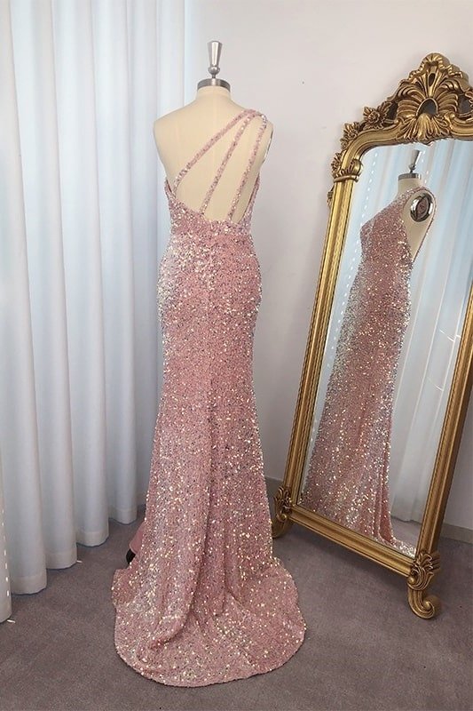 Sheath/Column Sequins One-Shoulder Sleeveless Sweep/Brush Train Prom Dresses