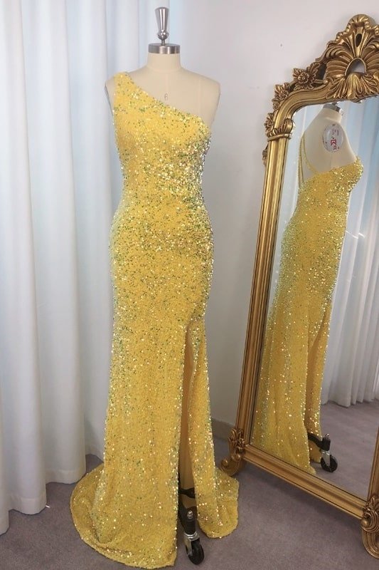 Sheath/Column Sequins One-Shoulder Sleeveless Sweep/Brush Train Prom Dresses