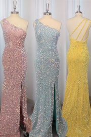 Sheath/Column Sequins One-Shoulder Sleeveless Sweep/Brush Train Prom Dresses