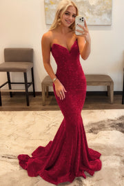 Trumpet/Mermaid Sweetheart Strapless Sweep Train Velvet Sequins Prom Dresses