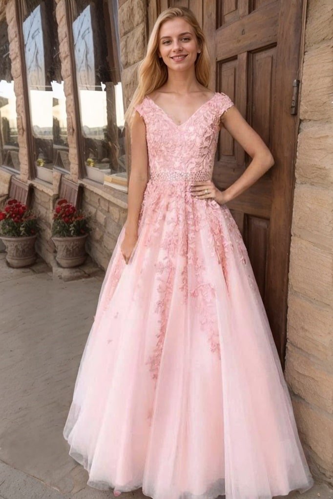 A-Line/Princess V-Neck Sleeveless Floor-Length Applique Tulle Prom Dresses