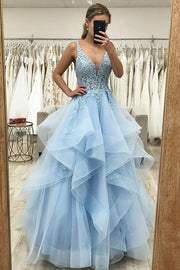 A-line V Neck Sleeveless Long/Floor-Length Tulle Satin Prom Dress With Lace Appliqued