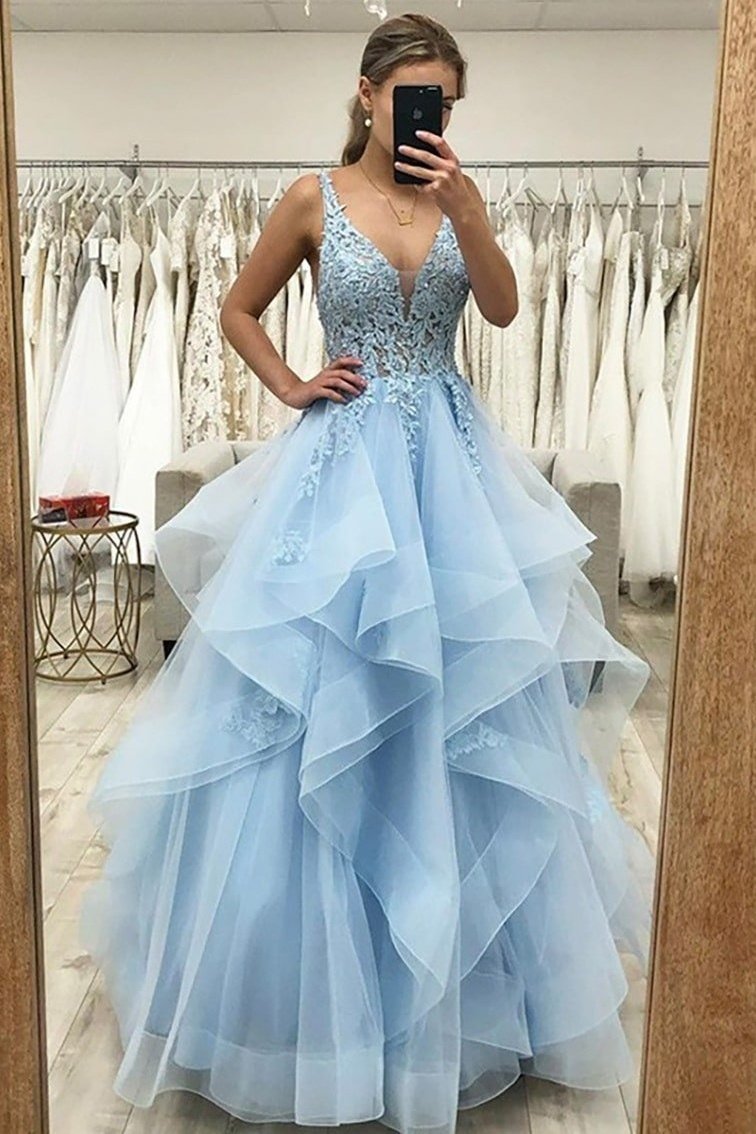 A-line V Neck Sleeveless Long/Floor-Length Tulle Satin Prom Dress With Lace Appliqued