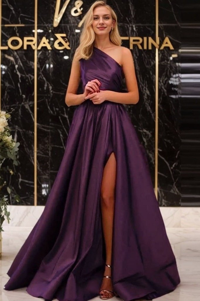 A-line One-Shoulder Satin Prom Dress With Pleated Split