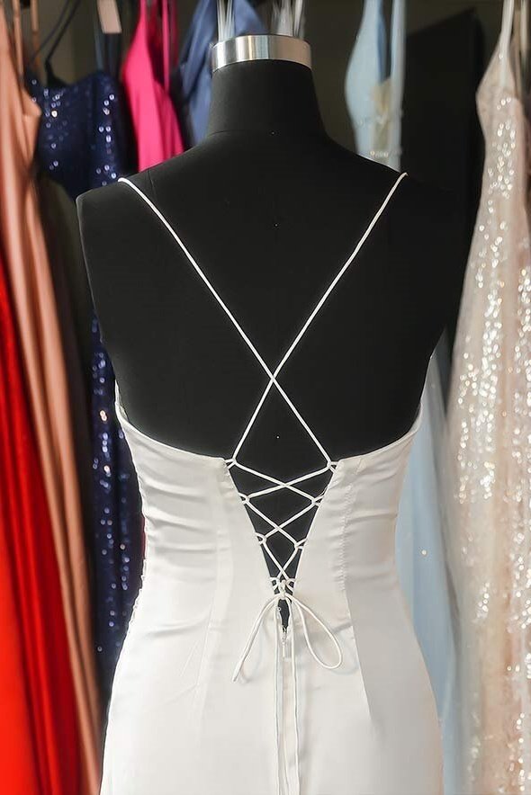 Sheath/Column Elastic Woven Satin Ruched Spaghetti Straps Sleeveless Sweep/Brush Train Prom Dresses