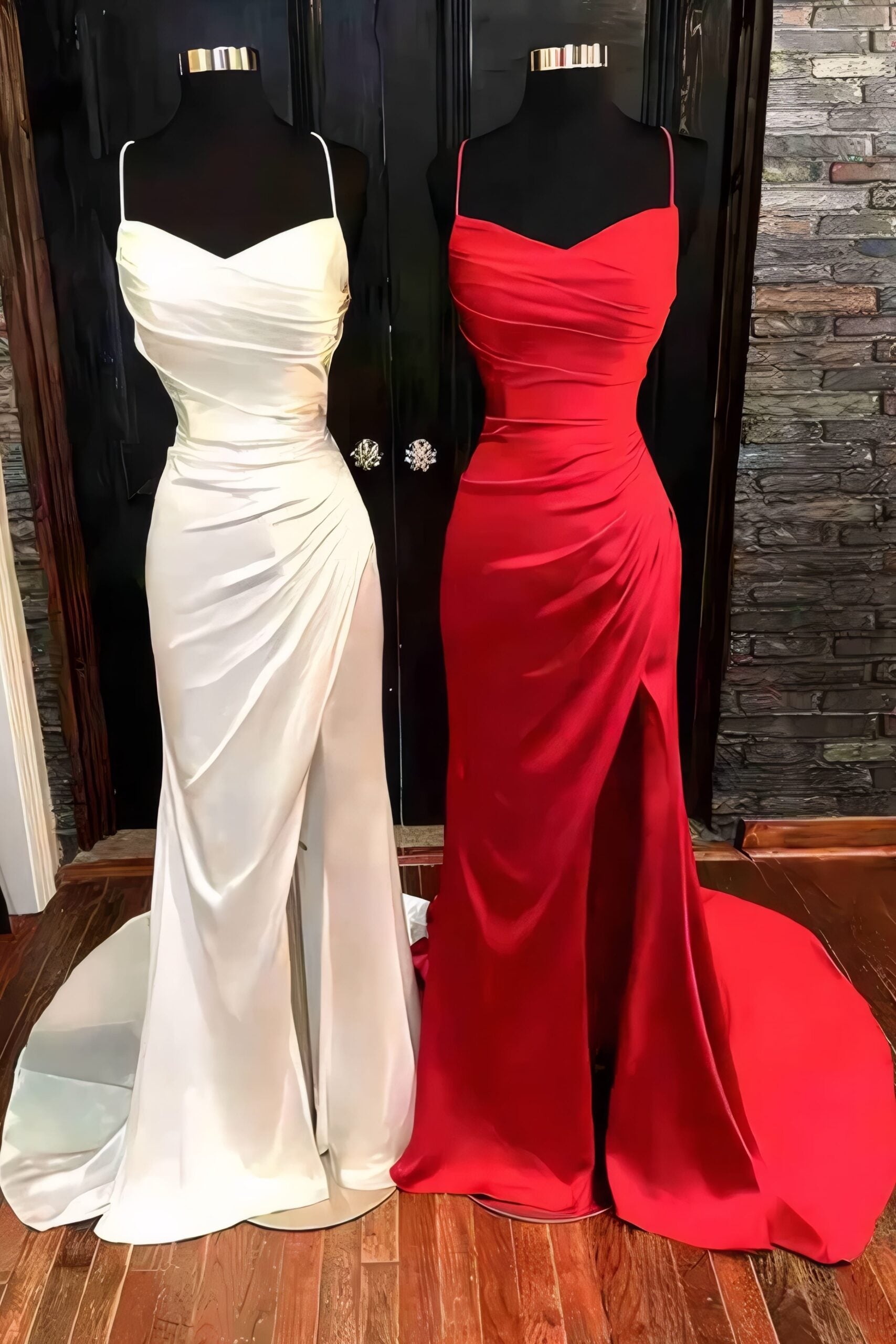 Sheath/Column Elastic Woven Satin Ruched Spaghetti Straps Sleeveless Sweep/Brush Train Prom Dresses