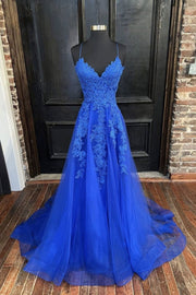 A-line V Neck Spaghetti Straps Sweep Train Tulle Prom Dress With Appliqued