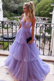 A-line Sweetheart Sleeveless Long/Floor-Length Tulle Prom Dress With Ruffles