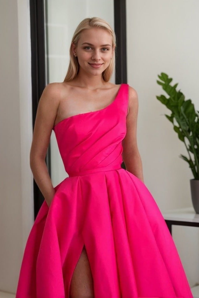 A-line Sleeveless One-Shoulder Long/Floor-Length Satin Prom Dress With Split Ruffles Pockets