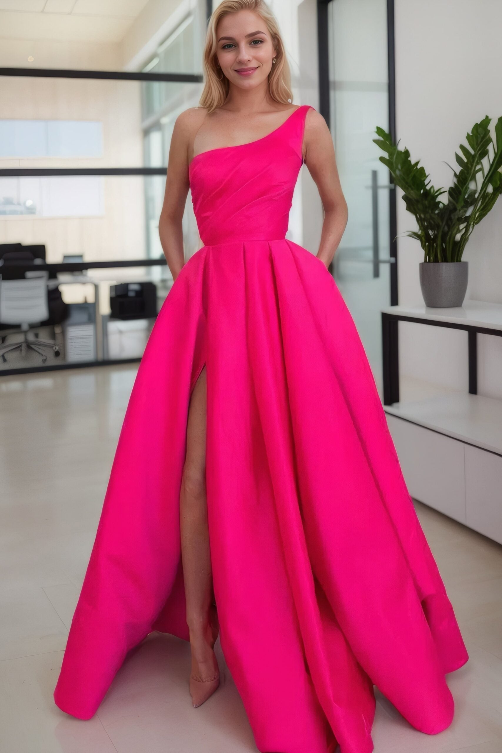 A-line Sleeveless One-Shoulder Long/Floor-Length Satin Prom Dress With Split Ruffles Pockets