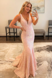 Sheath/Column Trumpet/Mermaid V Neck Sleeveless Velvet Sequins Sweep Train Prom Dress