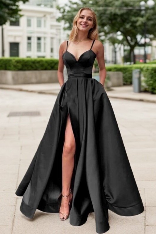 Satin Prom Dress A-line/Princess Long/Floor-Length Sleeveless With Split Pockets