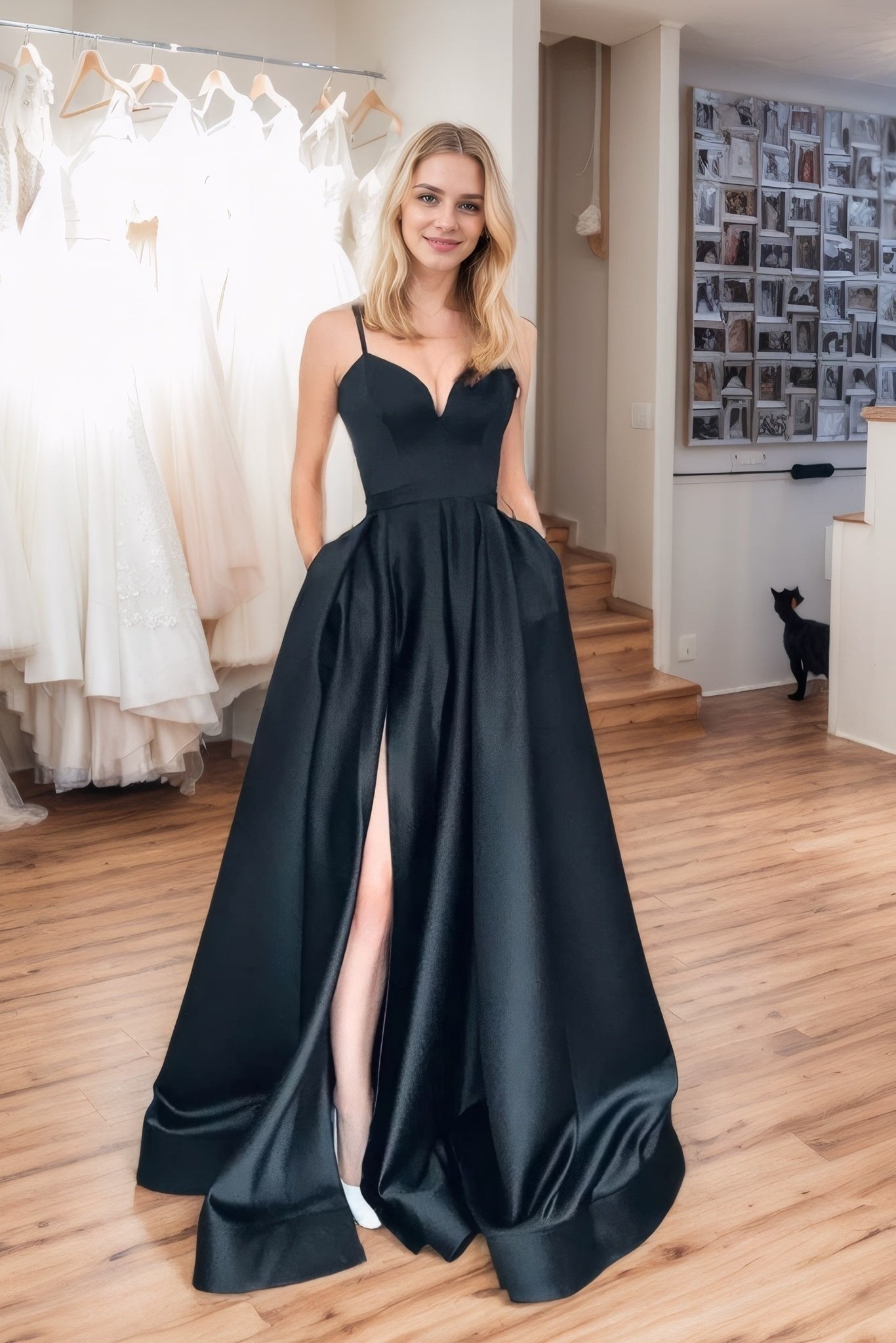 Satin Prom Dress A-line/Princess Long/Floor-Length Sleeveless With Split Pockets