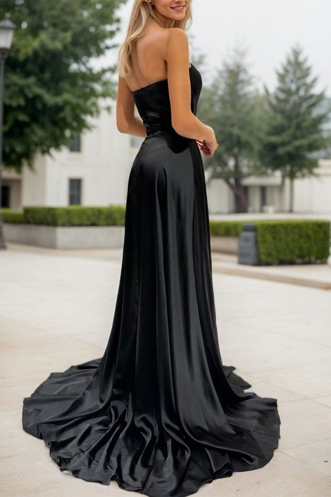 A-line Sweetheart Strapless Sweep Train Charmeuse Prom Dress With Pleated Split