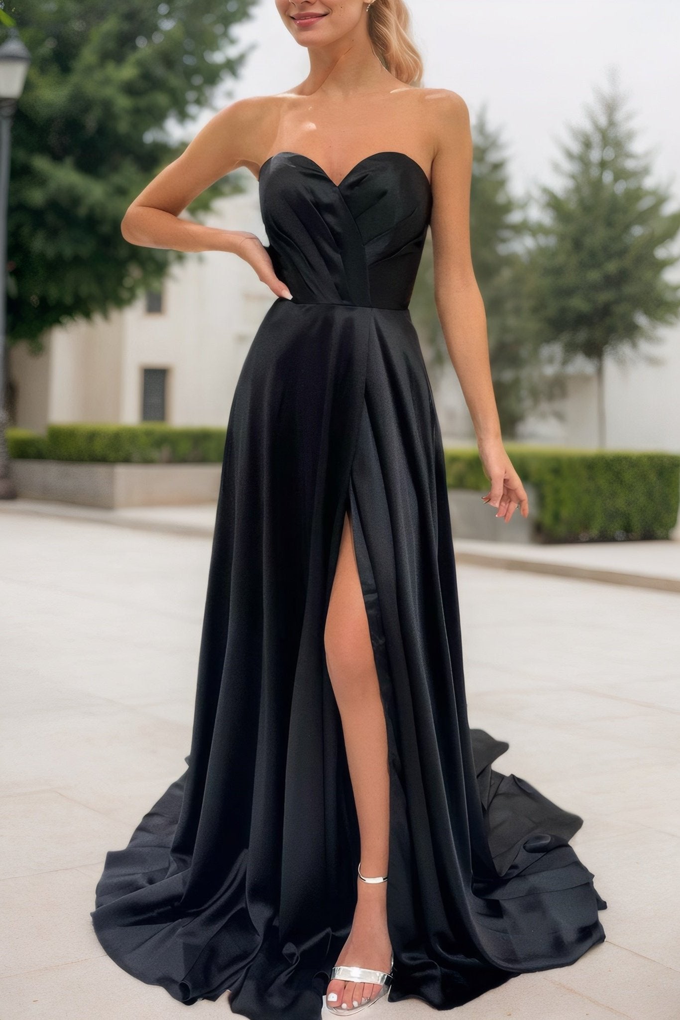 A-line Sweetheart Strapless Sweep Train Charmeuse Prom Dress With Pleated Split