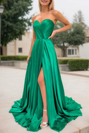 A-line Sweetheart Strapless Sweep Train Charmeuse Prom Dress With Pleated Split