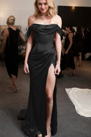 Sheath/Column Off-the-Shoulder Short Sleeve Sweep Train Satin Prom Dress With Pleated