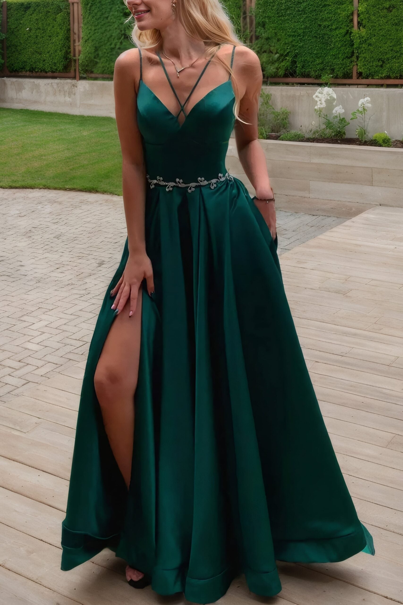 A-line V Neck Sleeveless Satin Sweep Train Prom Dress With Pockets Waistband Split