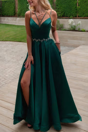 A-line V Neck Sleeveless Satin Sweep Train Prom Dress With Pockets Waistband Split