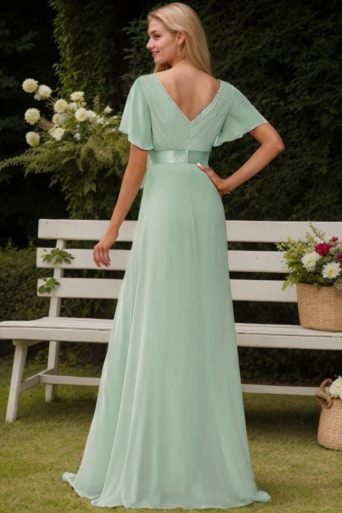 A-Line/Princess Chiffon Ruched V-neck Short Sleeves Sweep/Brush Train Bridesmaid Dresses-134